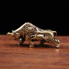 Brass Lucky Bull Statue - Feng Shui Wealth Figurine, Office Desk Decor