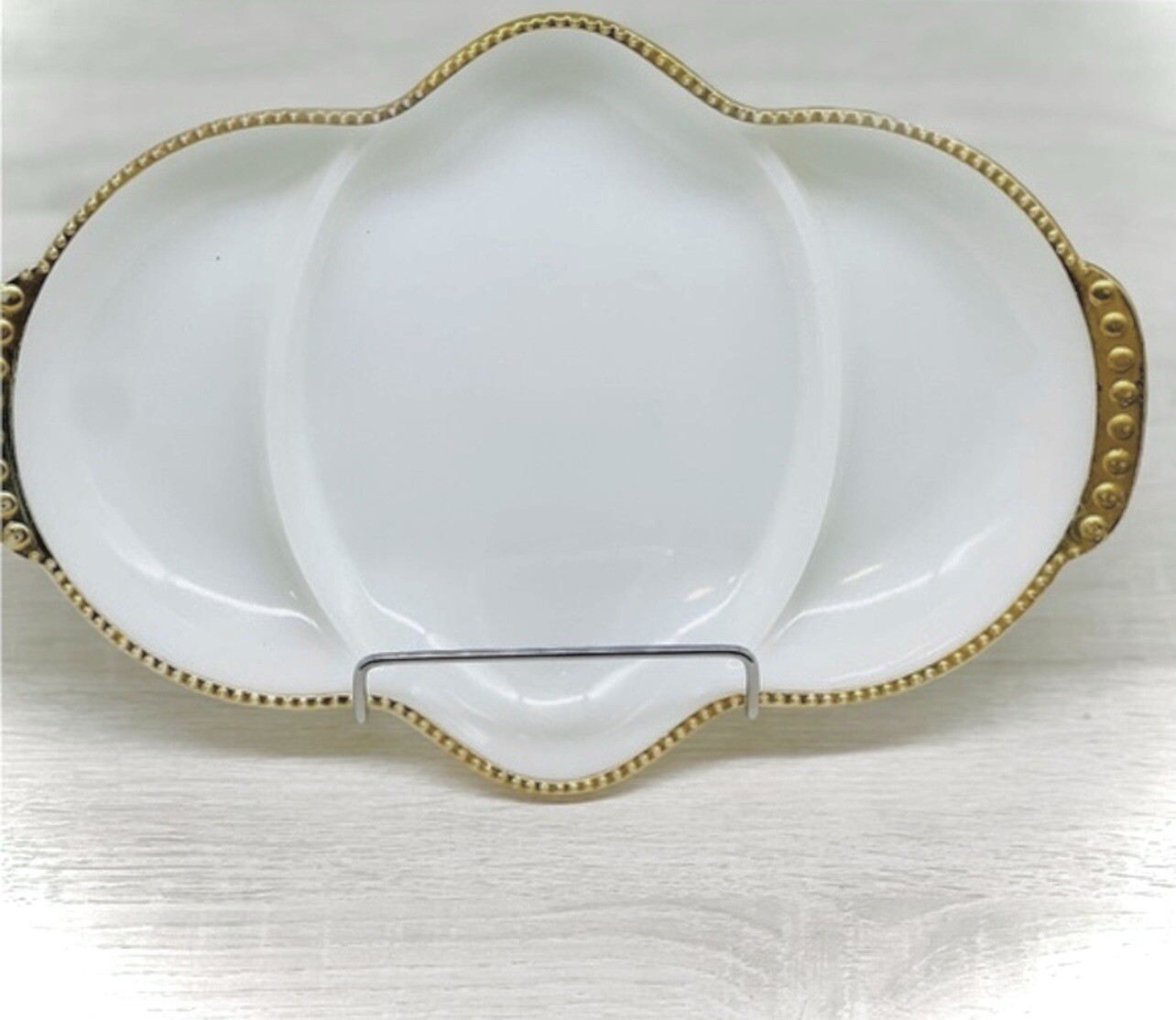 Vintage Fire King Beaded Edge Gold Trim Divided Milk Glass Relish Tray