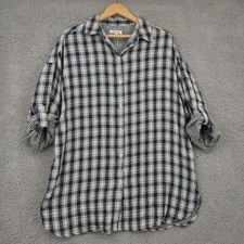 Max Studio Top Women Medium Blue Relaxed Oversize Lightweight Roll Tab Shirt