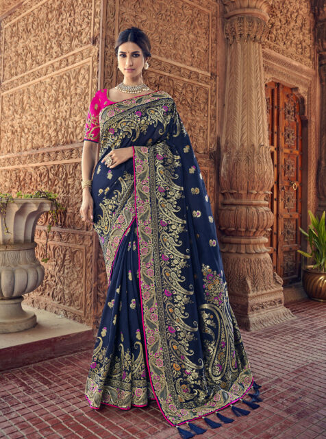Indian NavyBlue Resham Zari Embroidery Bollywood Sari Georgette Party Wear Saree