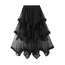 Women Midi Asymmetric Layered Mesh Tulle Dance Skirt Elastic Waist Ruffle Tutu