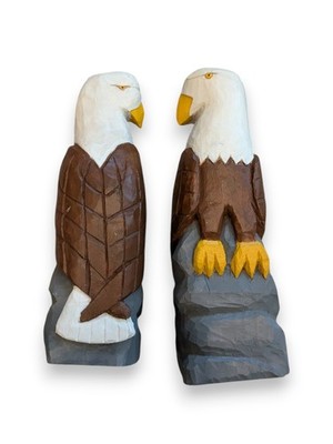 Pair Handmade Wood Carving Bald Eagle Figures Statues Cabin Rustic Decor 6.5''