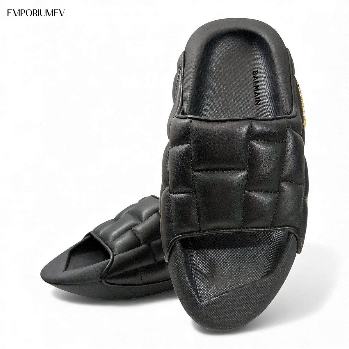 Balmain B-It Black Quilted Leather Mens Slides Sandals -Size 