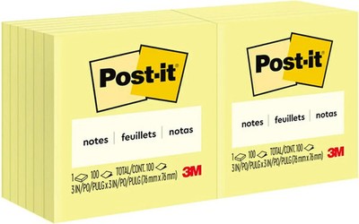 3x3 inch sticky notes, 12 pads, canary yellow, clean removal, recyclable
