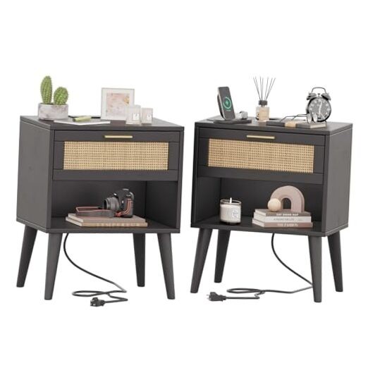 Black & Natural Nightstand Set with Charging Station for Bedroom-image