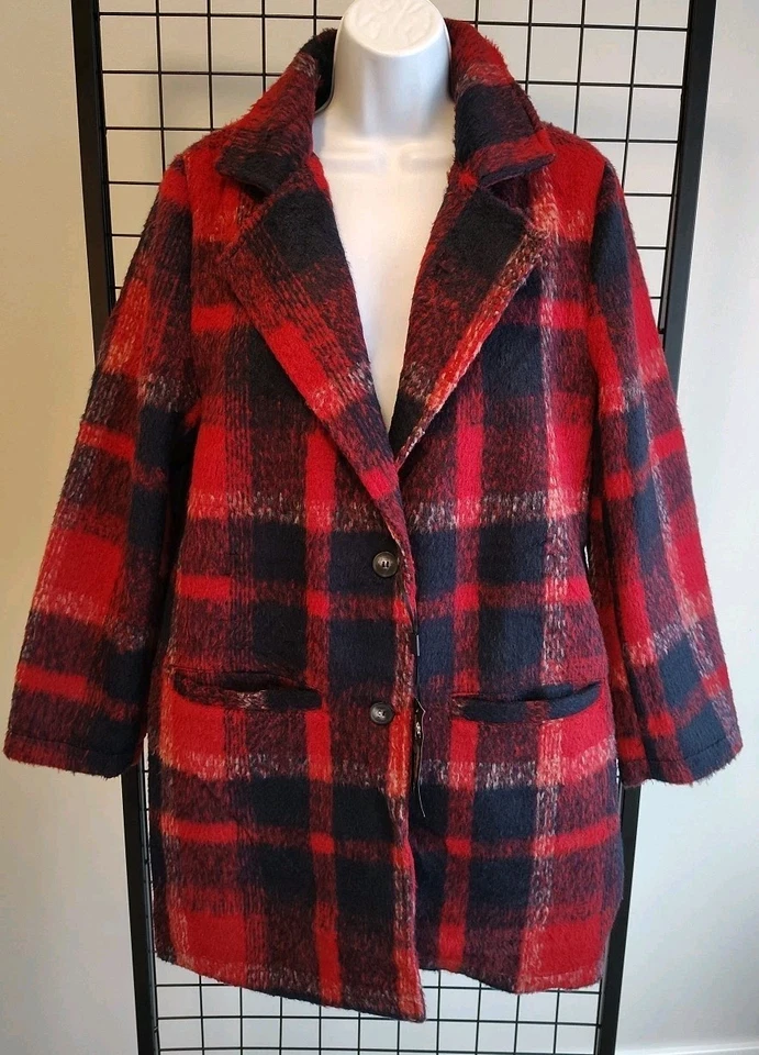 Yoki Long Plaid Button Front Coat Woman's Medium Heavy Red Black Lined Garment - Image 3 of 4