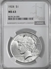 1924-P  $1 PEACE SILVER DOLLAR  "PHILADELPHIA MINT"  NGC MS63 #8678136-009