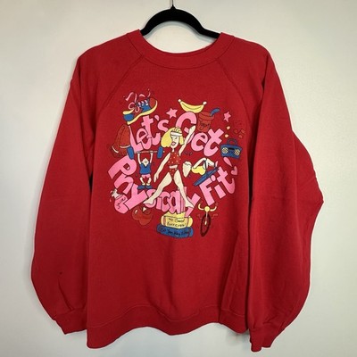 VTG Lets Get Physically Fit Sweatshirt Hanes Sport Red Graphic Long Sleeve XL