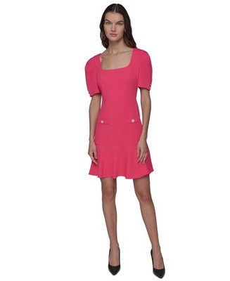 KARL LAGERFELD PARIS Puff-Sleeve Flounce-Hem Dress Women's 12 Teaberry Back Zip
