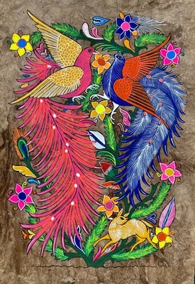 15 1/2 X 23'' Mexican Folk Art Amate Bark Painting Aztec Love Bird Peacock Flower