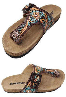 Women's Western Antique Floral Tooled Turquoise Painted Genuine Leather T-Bar