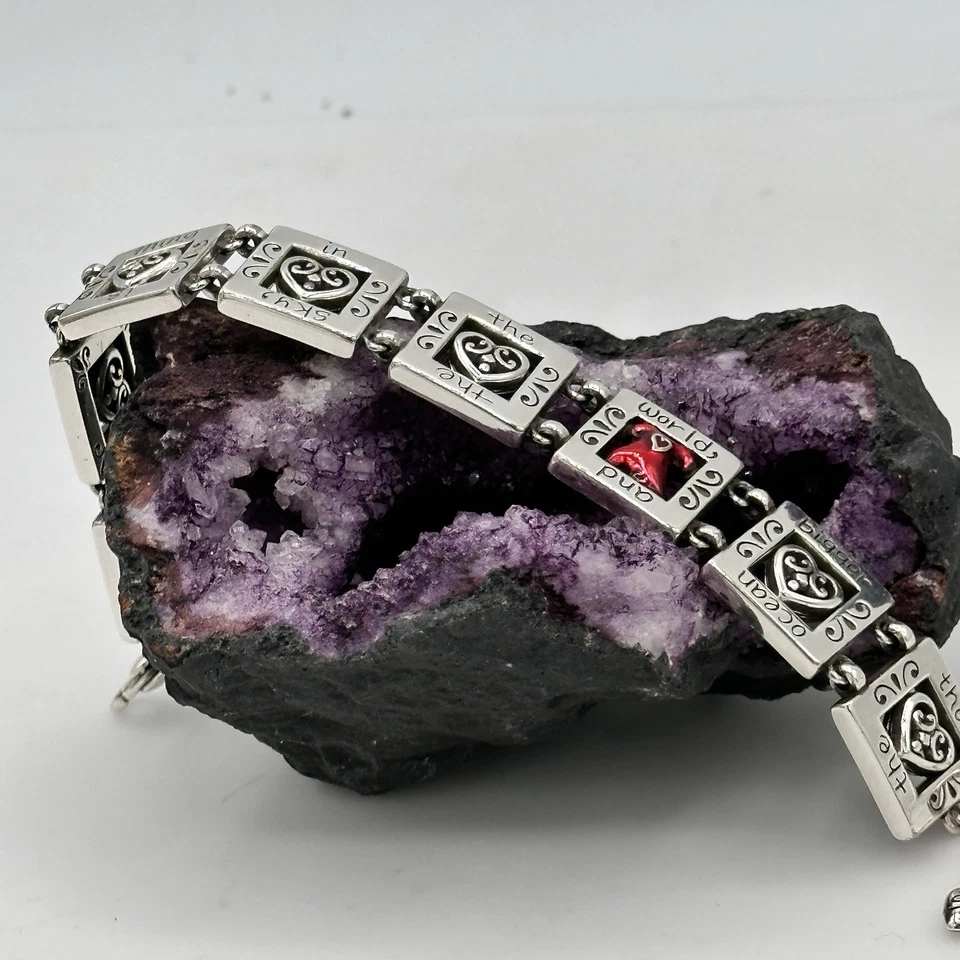 "Brazalete Brighton Calliope Go vestido rojo corazón eslabones cuadrados placa de plata 7-8""" Foto 4 de 4