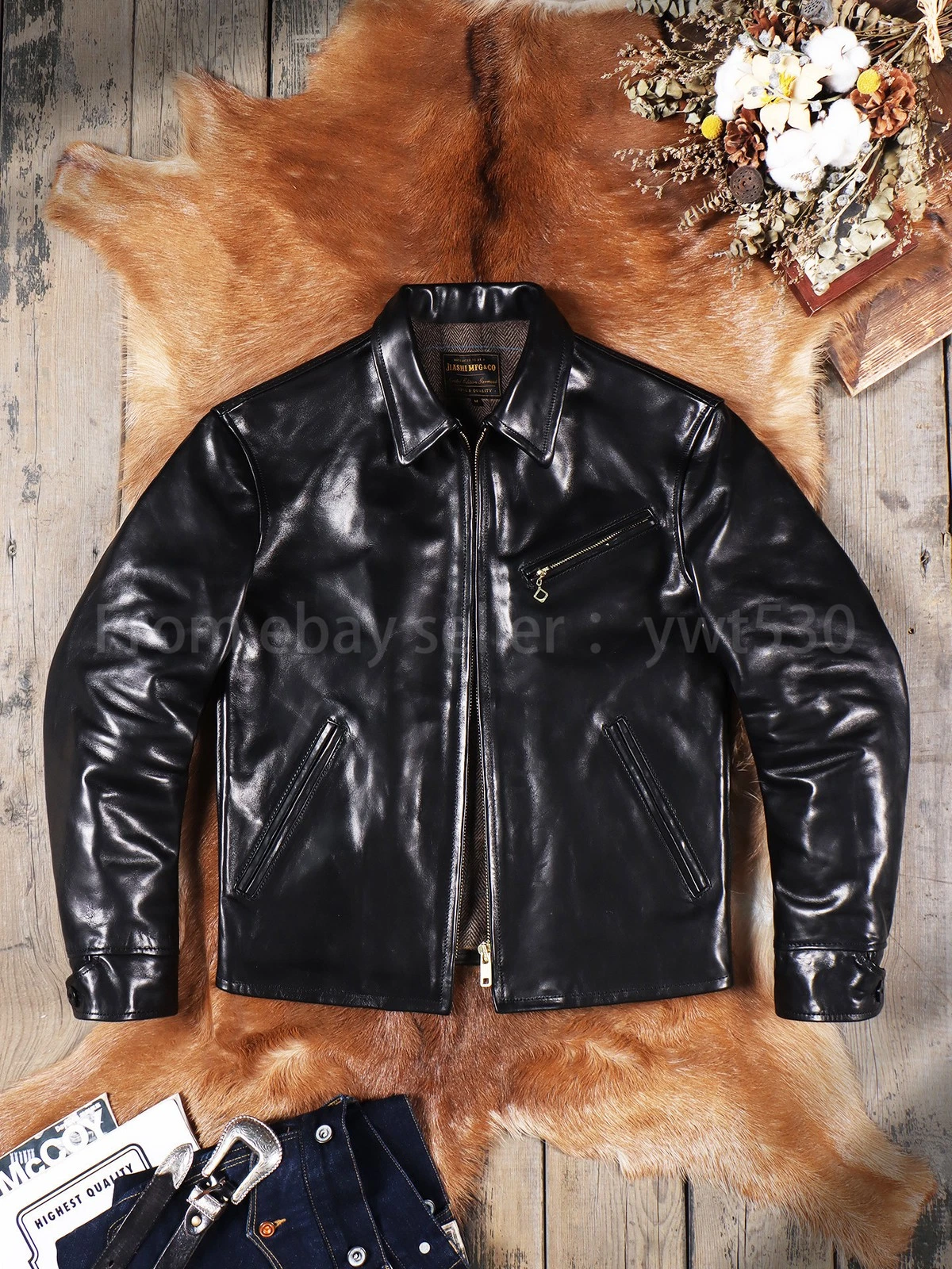 Classic 1930s Vegetable Tanned Horsehide Lapel Genuine Leather Biker Jacket - product detail image 1