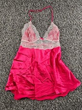 Vtg Victoria's Secret pink satin and white lace babydoll chemise/nightie Sz L