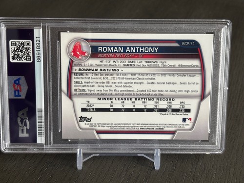 2023 BOWMAN CHROME MEGA BOX MOJO REFRACTOR ROMAN ANTHONY #BCP- 71 PSA 10 RED SOX - 第 3/3 張圖片