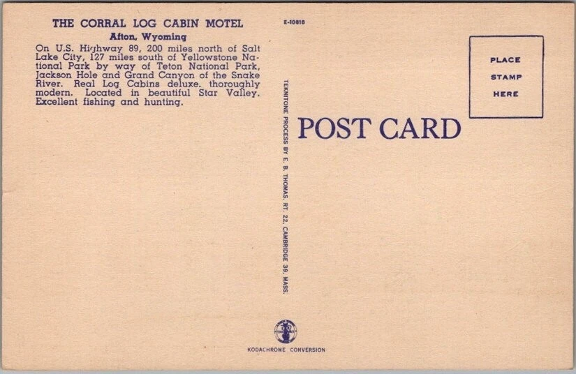 AFTON, Wyoming Postcard THE CORRAL LOG CABIN MOTEL Highway 89
