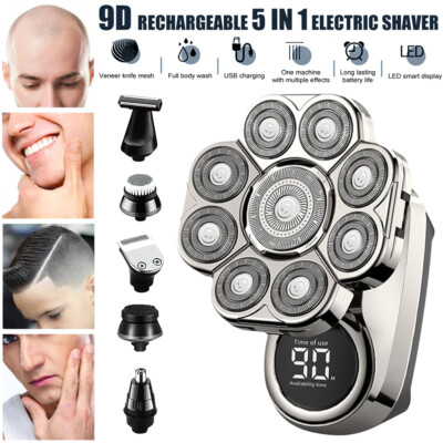 6 IN 1 9D Electric Head Shaver Bald Men Waterproof Wet/Dry Grooming Kit Cordless