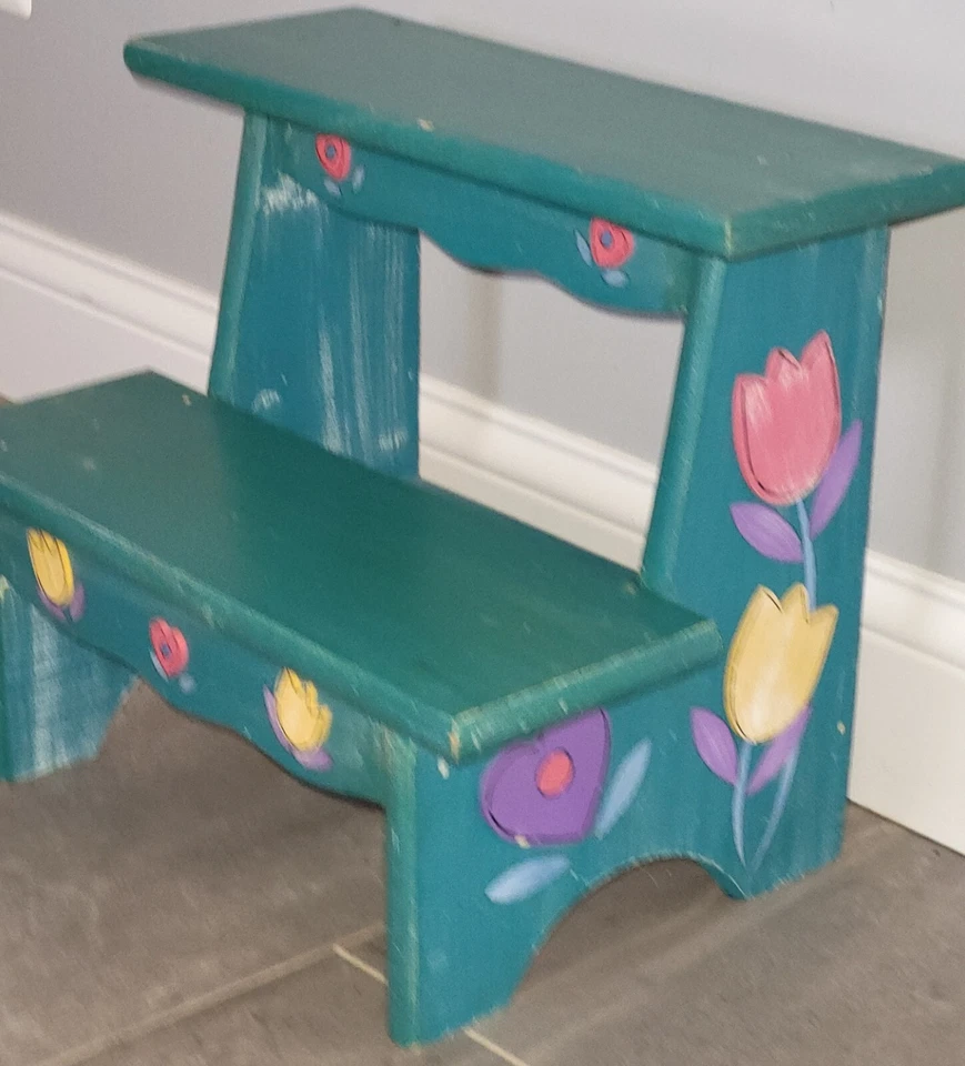 Vintage Shabby Chic A Touch of Class Tulip Twirl Floral Turquoise Step Stool - Image 3 of 4