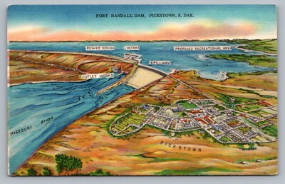 Pickstown SD Fort Randall Dam Map Art Rendering Aerial Postcard Vtg E7         
