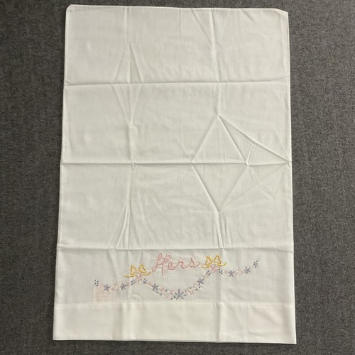 Vintage Embroidered His & Hers Pequot Standard Pillowcases Bows Floral Handmade - Picture 2 of 15