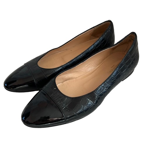 Russell & Bromley flats 39 8 black leather cap toe croc embossed slip on shoes - Picture 3 of 12