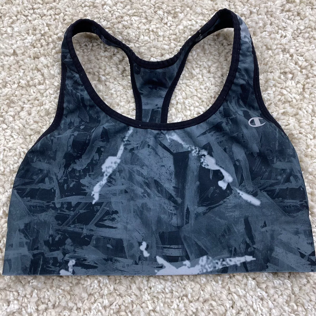 champion duo dry womens medium sports bra black gray lightly lined  racerback