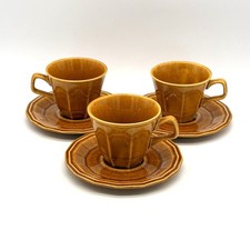 Vtg. Set of 3 Homer Laughlin Milano Gold Ceramic Cups & Saucers