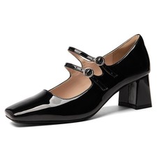 Glossy Mary Janes for Women, Chunky Heel Pumps with Buckle Strap - Dark Black