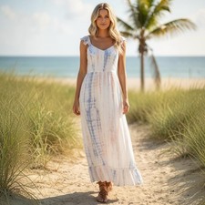 Japna Tie Dye Maxi Dress M Boho Flutter Sleeve Summer Flowy Crochet Romantic