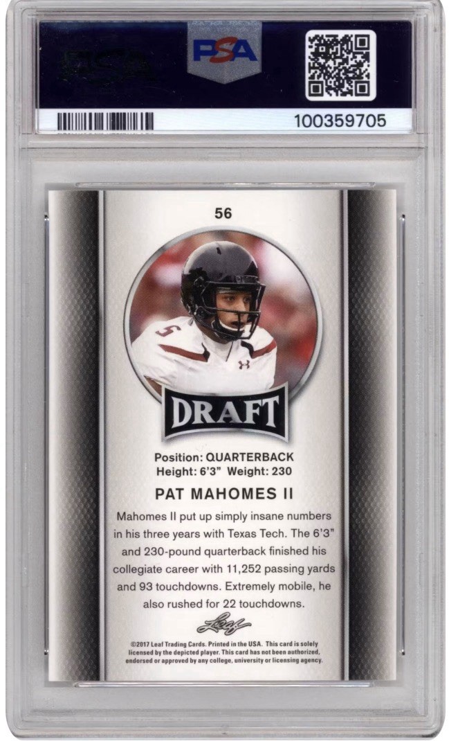 2017 LEAF DRAFT #56 PAT MAHOMES II ROOKIE RC PSA 10 Kansas City Chiefs GOAT MVP view 2