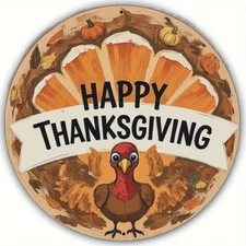 Thanksgiving Turkey Autumn Leaves Pumpkin 8x8inch Round Aluminum Wall Panel