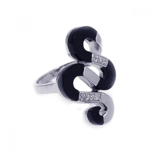 Sterling Silver 925 Rhodium Plated Black Onyx Clear CZ Snake Ring 5-9