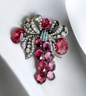 Vintage Ca 1940 Eisenberg Original Ruby & Turquoise Art Glass Bow Pin