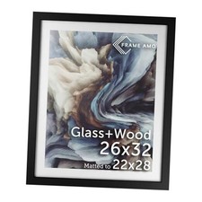 Solid Wood Poster Frame, White Mat for 22x28 Image, Tempered Glass 26x32 Black