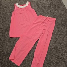 Vtg Lorraine Pink White Trim 2 Piece Pajama Set Nylon Silky Women's Size 32 L
