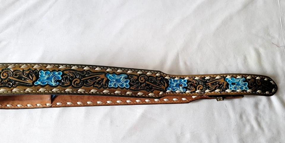 Cinturón Nocona Western 38" cuero azul envejecido floral en relieve sin hebilla Foto 2 de 4