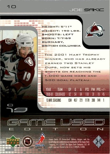 Joe Sakic Colorado Avalanche 2001-02 SP Game Used Edition 10 - Picture 2 of 2