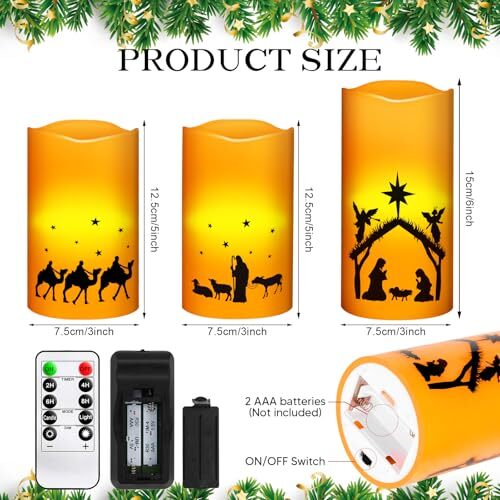 3Pack Nativity Scene Candles Flameless Christmas LED Candles，Flickering