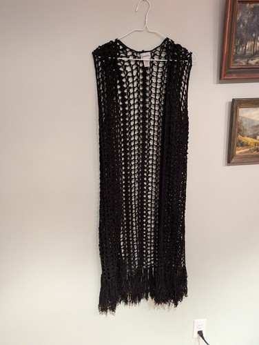 Chico's Damen S/M schwarz offen Strick Boho Hippie Fransen Long Cardigan Wickel Schal