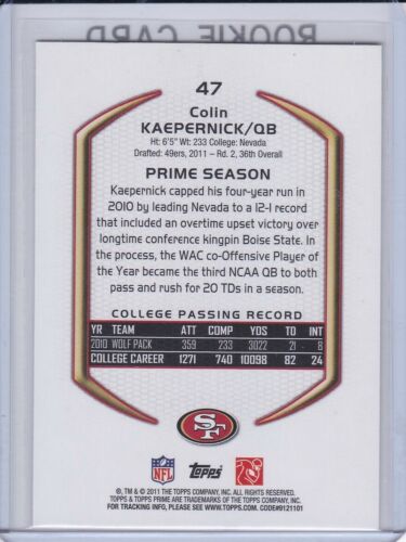COLIN KAEPERNICK ROOKIE CARD 2011 Topps Prime Football SAN FRANCISCO 49ERS RC - Picture 2 of 2