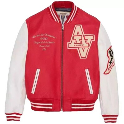 Men's Avirex Red Varsity Wild Cat Embroidered American Leather