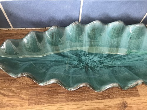 Vintage MCM Long Turquoise Wave Shaped Drip Ceramic Dish Made Canada 40cm Wide - Picture 2 of 10
