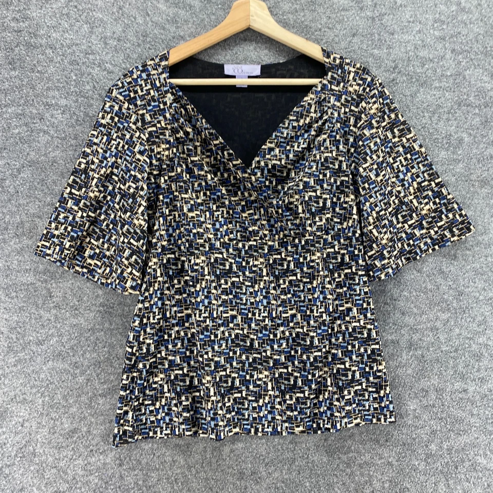 Nine & Co 衬衫女式 L 大号黑色几何 V 领 3/4 袖休闲套衫 — 第 4/4 张图片