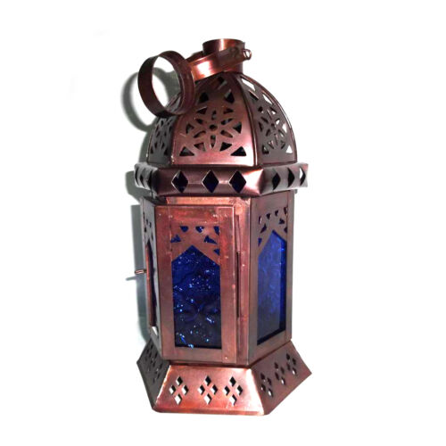 Linterna colgante marroquí, antiguo portavelas de vidrio azul, decoración para el hogar - Imagen 1 de 1