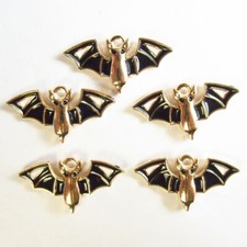 12Pcs 29x15x3mm Black Enamel Tibetan Gold Halloween Bat Pendant Bead PJ3243