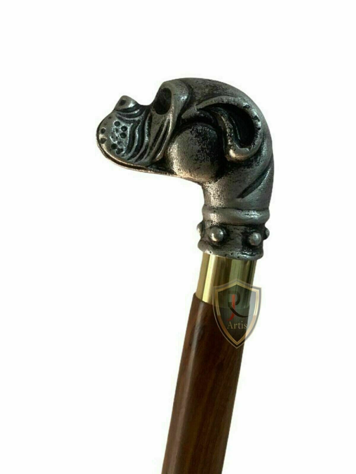 antique bulldog brass hand head handle brown wooden w… Gem