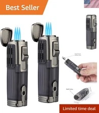Elegant Cigar Lighter with Triple Jet Flame - Refillable Gift Boxed Set, 2 Pack