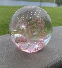 LOVELY Art Glass Paperweight Pink Flower Swirl With  Bubbles