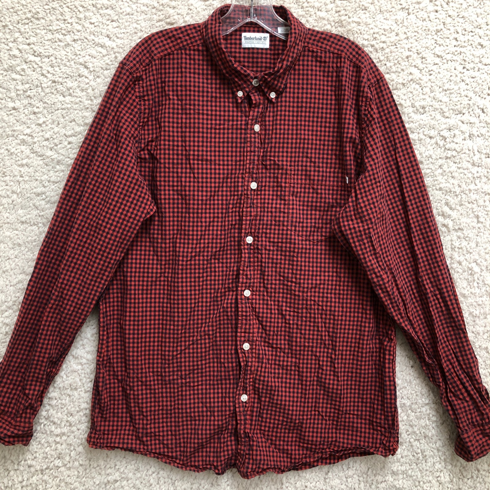 Timberland Button Down Shirt Large Adult Red Plaid Long Sleeve Classic Mens L