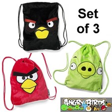 Lot/3 Angry Birds Plush Appliqued Sling Bag Drawstring Backpack Black Red Pig